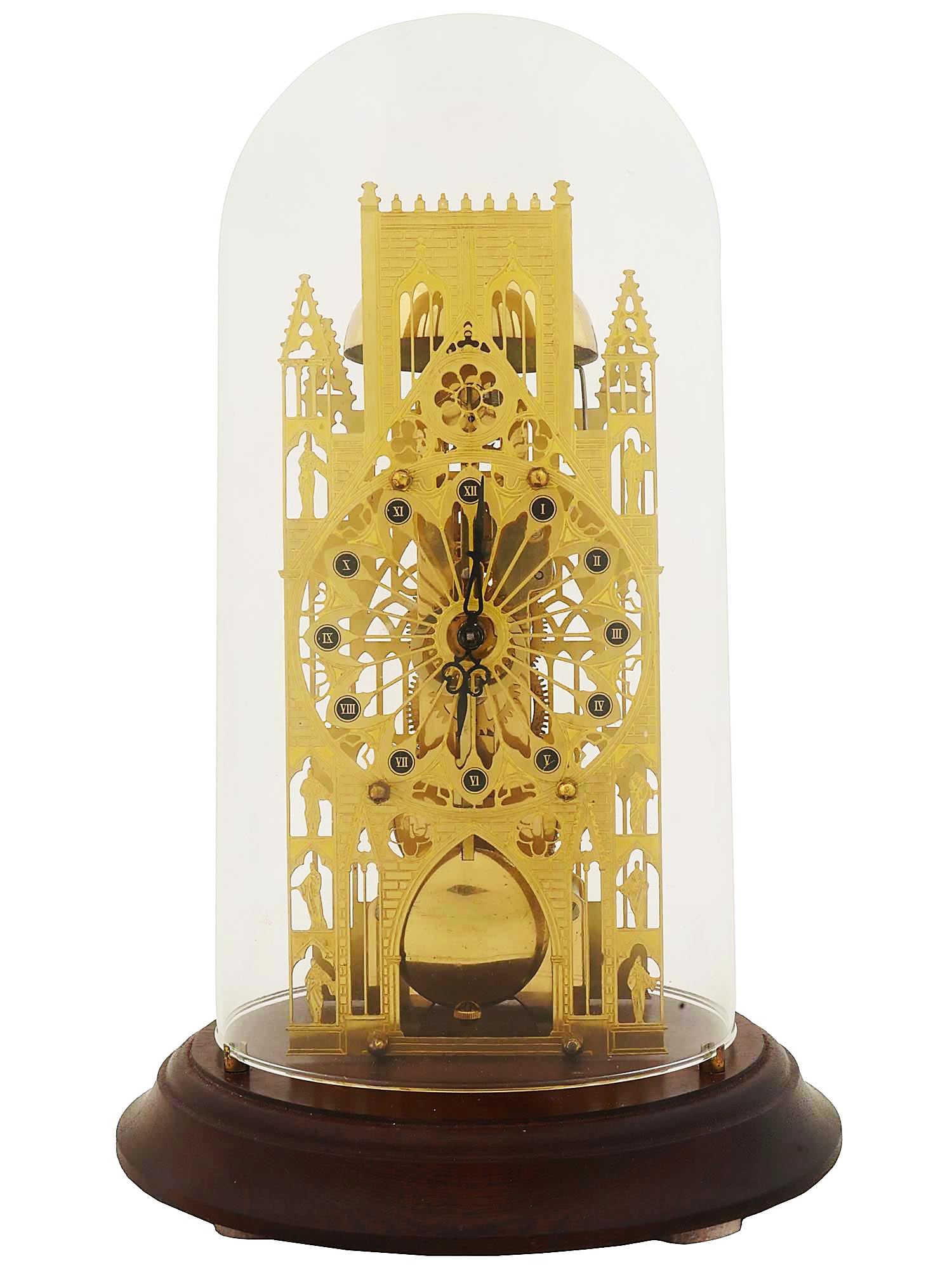 GOTHIC BRASS MANTEL CLOCK BY HERMLE IN GLASS DOME PIC-0